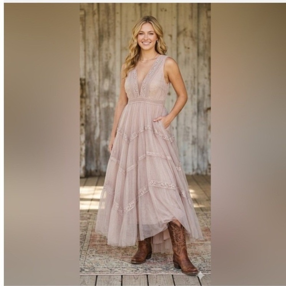 Blue b tulle lace sheer soft romance western maxi dress deep v neck feminine